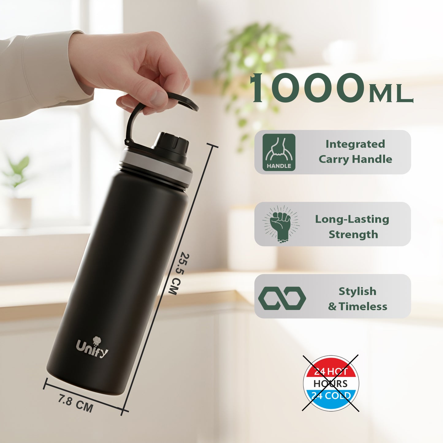 1 Piece Stainless Steel Sipper Bottle 1000ml | Leak Proof Single Wall Fridge Bottle | Easy to Carry Handle for Gym, Office, School, Travel & Trekking | Slim Design (Black, 25.5cm)