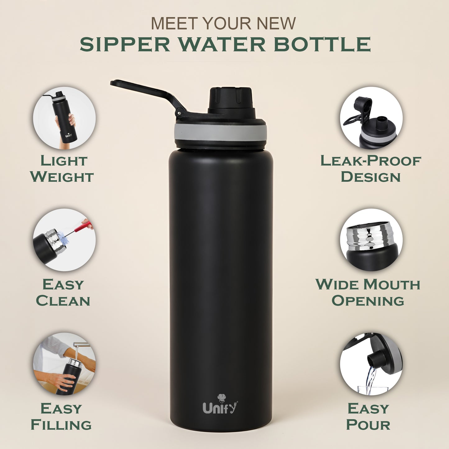 1 Piece Stainless Steel Sipper Bottle 1000ml | Leak Proof Single Wall Fridge Bottle | Easy to Carry Handle for Gym, Office, School, Travel & Trekking | Slim Design (Black, 25.5cm)