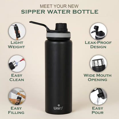1 Piece Stainless Steel Sipper Bottle 1000ml | Leak Proof Single Wall Fridge Bottle | Easy to Carry Handle for Gym, Office, School, Travel & Trekking | Slim Design (Black, 25.5cm)