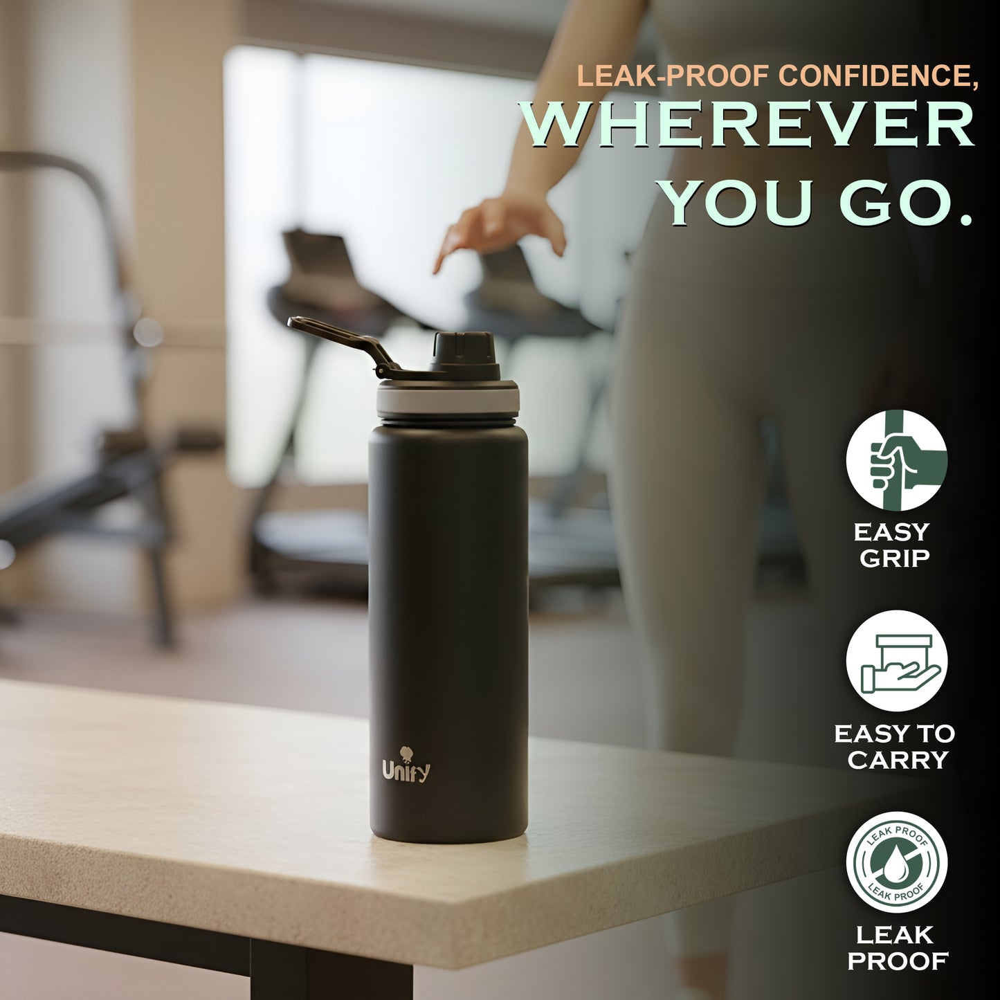 1 Piece Stainless Steel Sipper Bottle 1000ml | Leak Proof Single Wall Fridge Bottle | Easy to Carry Handle for Gym, Office, School, Travel & Trekking | Slim Design (Black, 25.5cm)