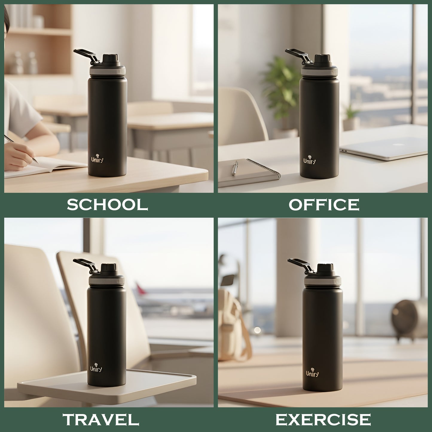 1 Piece Stainless Steel Sipper Bottle 1000ml | Leak Proof Single Wall Fridge Bottle | Easy to Carry Handle for Gym, Office, School, Travel & Trekking | Slim Design (Black, 25.5cm)