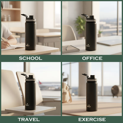 1 Piece Stainless Steel Sipper Bottle 1000ml | Leak Proof Single Wall Fridge Bottle | Easy to Carry Handle for Gym, Office, School, Travel & Trekking | Slim Design (Black, 25.5cm)