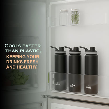 1 Piece Stainless Steel Sipper Bottle 1000ml | Leak Proof Single Wall Fridge Bottle | Easy to Carry Handle for Gym, Office, School, Travel & Trekking | Slim Design (Black, 25.5cm)