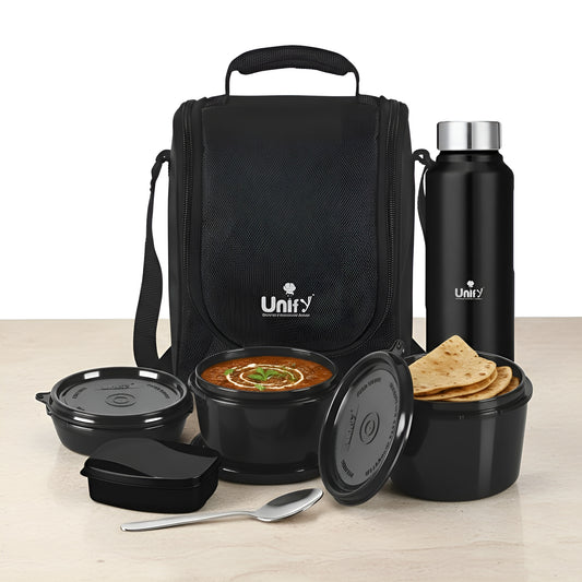MealMate Lunch Box with 3 Microwave Safe Inner Steel Containers (500ml, 350ml, 200ml), 130ml Plastic Chutney Dabba, Water Bottle 750ml & Spoon | Office Tiffin with Insulated Bag, Black