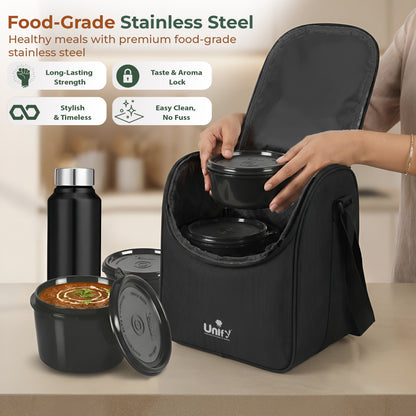 MealMate Lunch Box with 3 Microwave Safe Inner Steel Containers (500ml, 350ml, 200ml), 130ml Plastic Chutney Dabba, Water Bottle 750ml & Spoon | Office Tiffin with Insulated Bag, Black