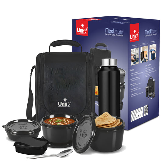 MealMate Lunch Box with 3 Microwave Safe Inner Steel Containers (500ml, 350ml, 200ml), 130ml Plastic Chutney Dabba, Water Bottle 750ml & Spoon | Office Tiffin with Insulated Bag, Black