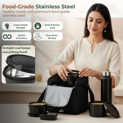 MealMate Lunch Box with 3 Microwave Safe Inner Steel Containers (500ml, 350ml, 200ml), 130ml Plastic Chutney Dabba, Water Bottle 750ml & Spoon | Office Tiffin with Insulated Bag, Black
