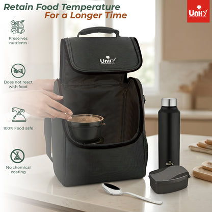 MealMate Lunch Box with 3 Microwave Safe Inner Steel Containers (500ml, 350ml, 200ml), 130ml Plastic Chutney Dabba, Water Bottle 750ml & Spoon | Office Tiffin with Insulated Bag, Black
