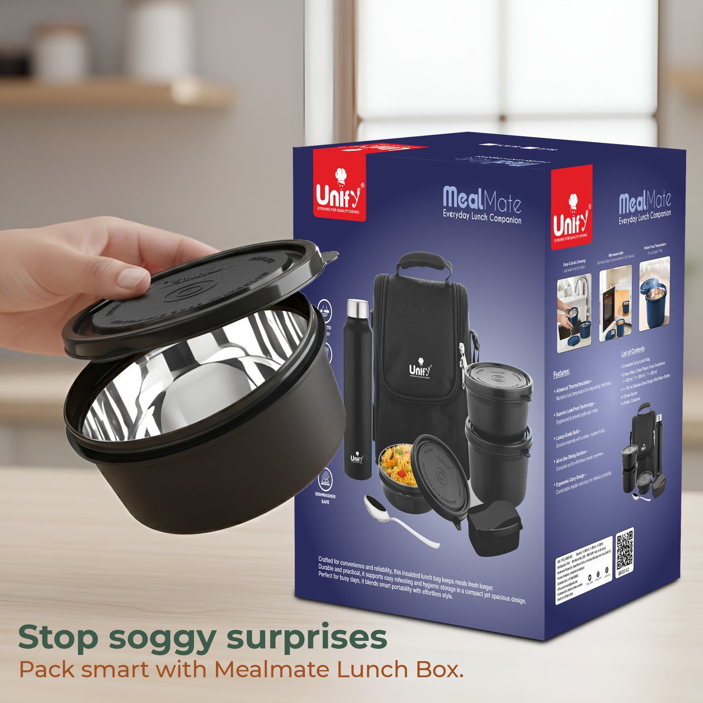 MealMate Lunch Box with 3 Microwave Safe Inner Steel Containers (500ml, 350ml, 200ml), 130ml Plastic Chutney Dabba, Water Bottle 750ml & Spoon | Office Tiffin with Insulated Bag, Black