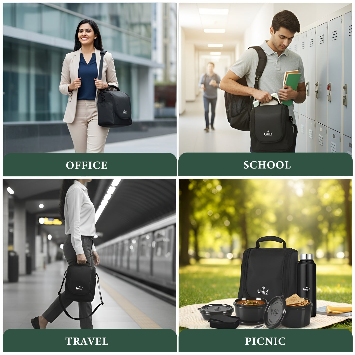 MealMate Lunch Box with 3 Microwave Safe Inner Steel Containers (500ml, 350ml, 200ml), 130ml Plastic Chutney Dabba, Water Bottle 750ml & Spoon | Office Tiffin with Insulated Bag, Black