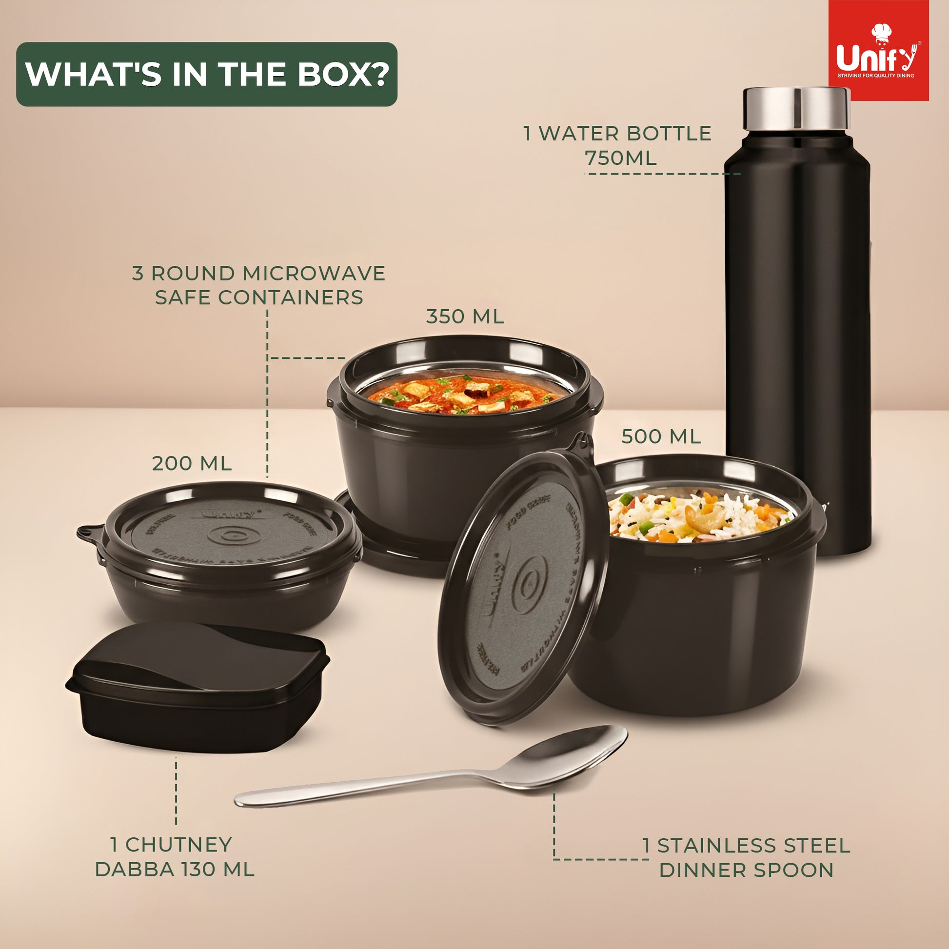 MealMate Lunch Box with 3 Microwave Safe Inner Steel Containers (500ml, 350ml, 200ml), 130ml Plastic Chutney Dabba, Water Bottle 750ml & Spoon | Office Tiffin with Insulated Bag, Black
