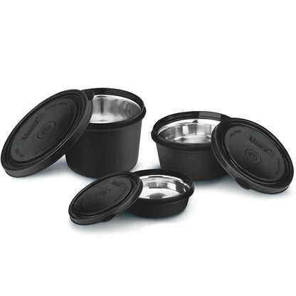 3 Pieces Stainless Steel Lunch Box | Microwave Safe Leak-Proof Food Storage Containers with Lids for Office, School, Kitchen (Black, Capacity - 600ml, 400ml, 250ml)