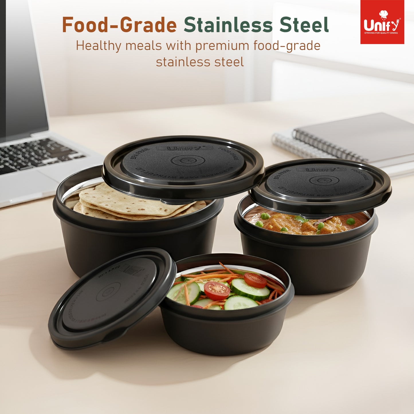 3 Pieces Stainless Steel Lunch Box | Microwave Safe Leak-Proof Food Storage Containers with Lids for Office, School, Kitchen (Black, Capacity - 600ml, 400ml, 250ml)