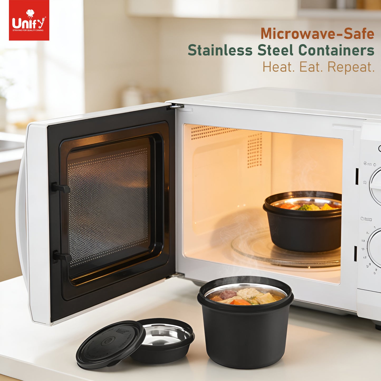 3 Pieces Stainless Steel Lunch Box | Microwave Safe Leak-Proof Food Storage Containers with Lids for Office, School, Kitchen (Black, Capacity - 600ml, 400ml, 250ml)