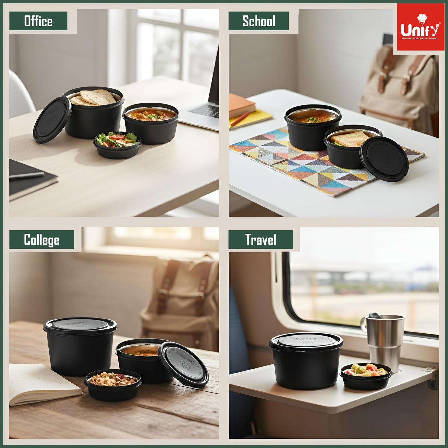 3 Pieces Stainless Steel Lunch Box | Microwave Safe Leak-Proof Food Storage Containers with Lids for Office, School, Kitchen (Black, Capacity - 600ml, 400ml, 250ml)