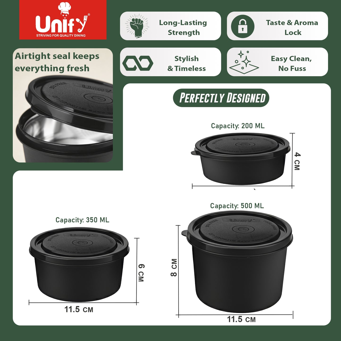 3 Pieces Stainless Steel Lunch Box | Microwave Safe Leak-Proof Food Storage Containers with Lids for Office, School, Kitchen (Black, Capacity - 600ml, 400ml, 250ml)