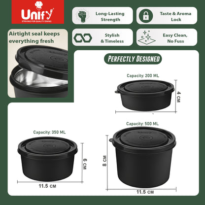 3 Pieces Stainless Steel Lunch Box | Microwave Safe Leak-Proof Food Storage Containers with Lids for Office, School, Kitchen (Black, Capacity - 600ml, 400ml, 250ml)