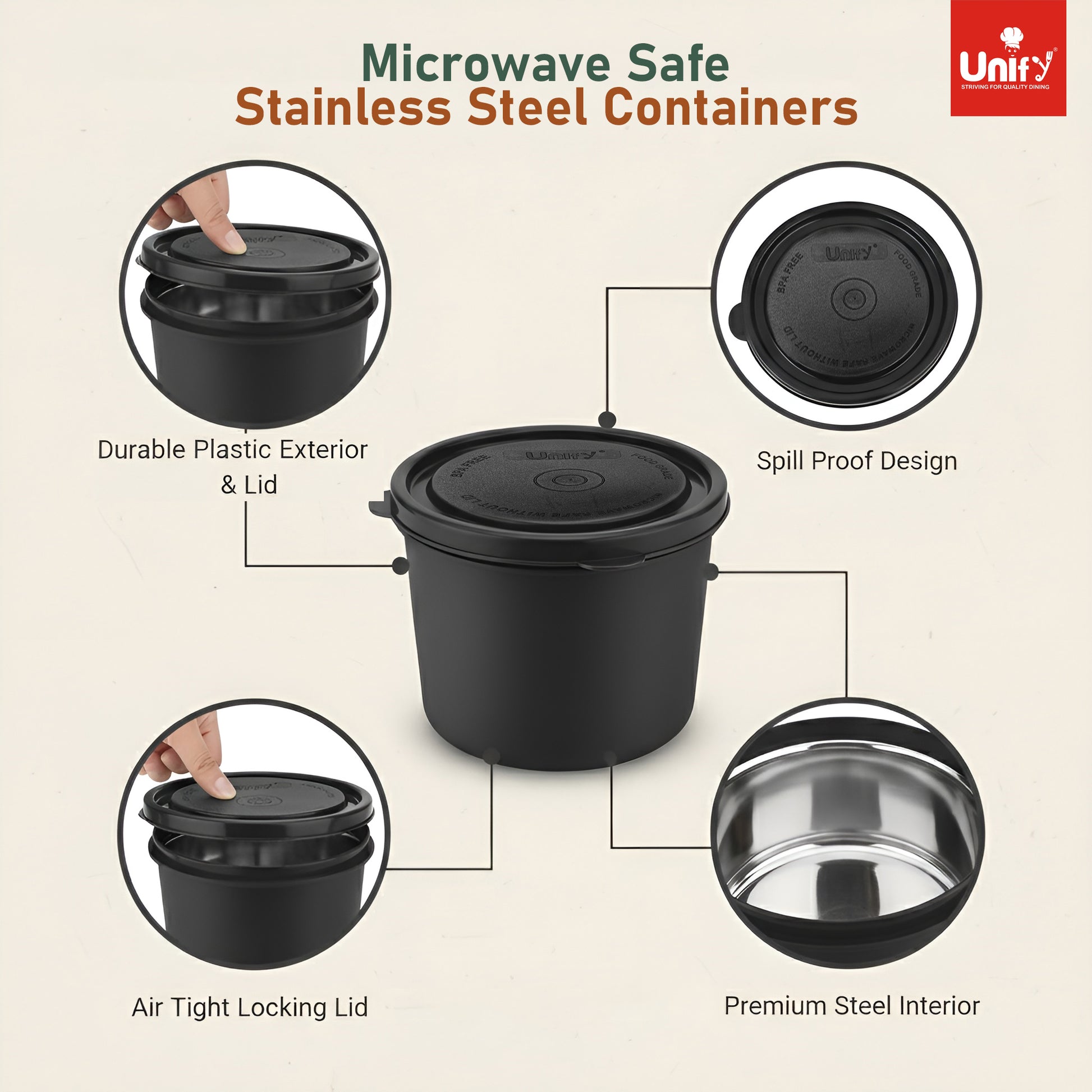 3 Pieces Stainless Steel Lunch Box | Microwave Safe Leak-Proof Food Storage Containers with Lids for Office, School, Kitchen (Black, Capacity - 600ml, 400ml, 250ml)