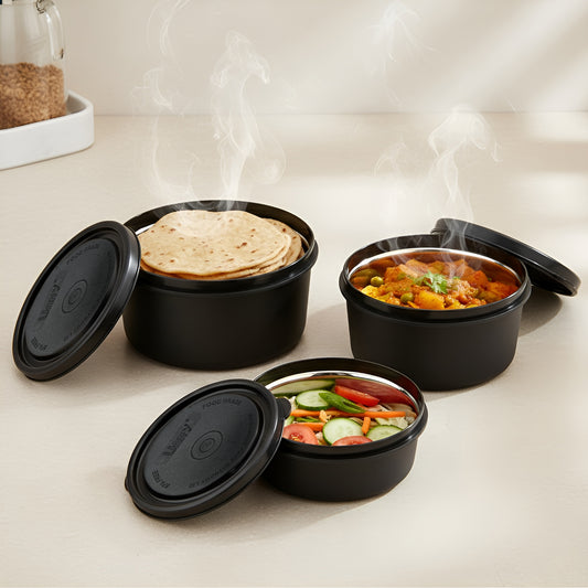 3 Pieces Stainless Steel Lunch Box | Microwave Safe Leak-Proof Food Storage Containers with Lids for Office, School, Kitchen (Black, Capacity - 600ml, 400ml, 250ml)