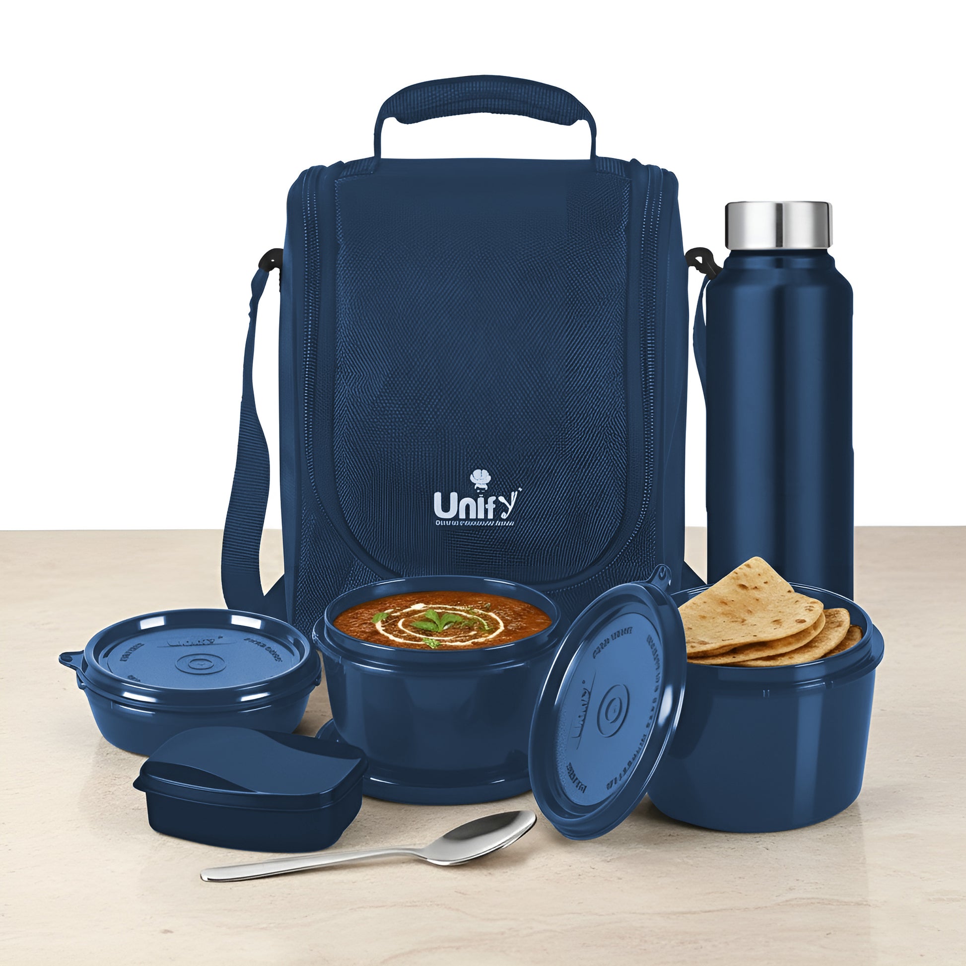 MealMate Lunch Box with 3 Microwave Safe Inner Steel Containers (500ml, 350ml, 200ml), 130ml Plastic Chutney Dabba, Water Bottle 750ml & Spoon | Office Tiffin with Insulated Bag, Blue