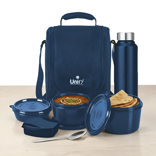 MealMate Lunch Box with 3 Microwave Safe Inner Steel Containers (500ml, 350ml, 200ml), 130ml Plastic Chutney Dabba, Water Bottle 750ml & Spoon | Office Tiffin with Insulated Bag, Blue