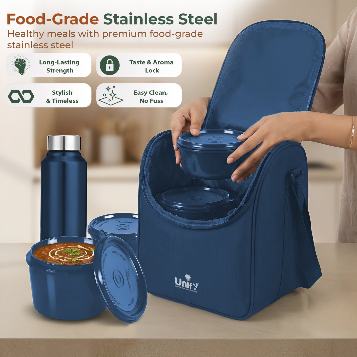 MealMate Lunch Box with 3 Microwave Safe Inner Steel Containers (500ml, 350ml, 200ml), 130ml Plastic Chutney Dabba, Water Bottle 750ml & Spoon | Office Tiffin with Insulated Bag, Blue