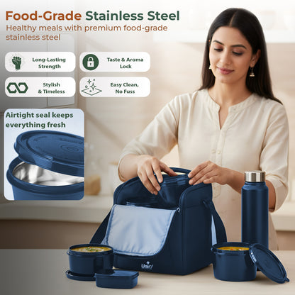 MealMate Lunch Box with 3 Microwave Safe Inner Steel Containers (500ml, 350ml, 200ml), 130ml Plastic Chutney Dabba, Water Bottle 750ml & Spoon | Office Tiffin with Insulated Bag, Blue
