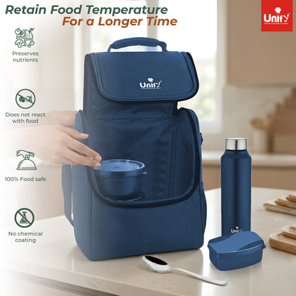 MealMate Lunch Box with 3 Microwave Safe Inner Steel Containers (500ml, 350ml, 200ml), 130ml Plastic Chutney Dabba, Water Bottle 750ml & Spoon | Office Tiffin with Insulated Bag, Blue