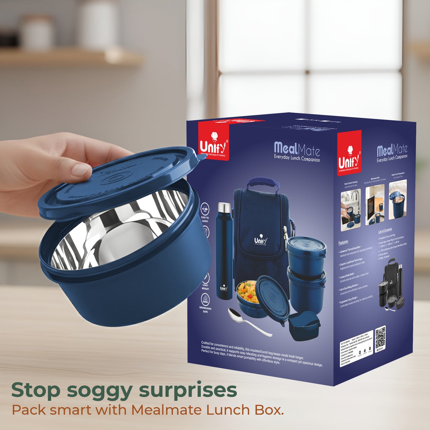 MealMate Lunch Box with 3 Microwave Safe Inner Steel Containers (500ml, 350ml, 200ml), 130ml Plastic Chutney Dabba, Water Bottle 750ml & Spoon | Office Tiffin with Insulated Bag, Blue