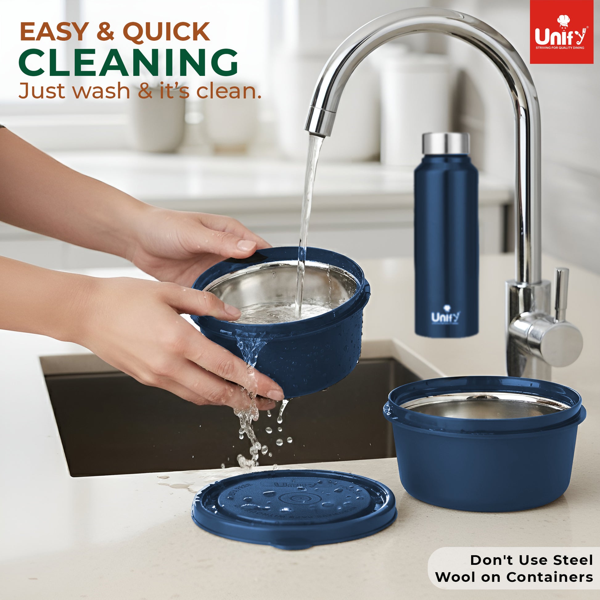 MealMate Lunch Box with 3 Microwave Safe Inner Steel Containers (500ml, 350ml, 200ml), 130ml Plastic Chutney Dabba, Water Bottle 750ml & Spoon | Office Tiffin with Insulated Bag, Blue