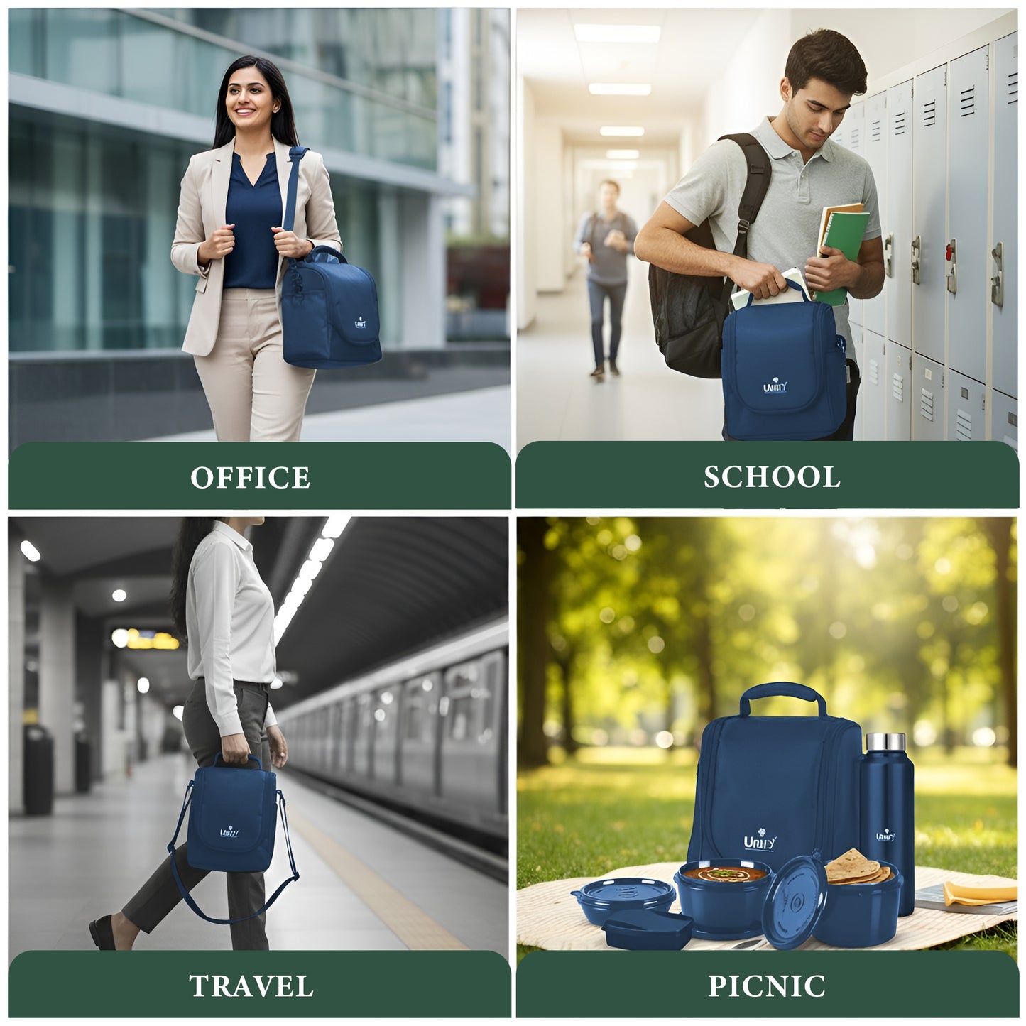 MealMate Lunch Box with 3 Microwave Safe Inner Steel Containers (500ml, 350ml, 200ml), 130ml Plastic Chutney Dabba, Water Bottle 750ml & Spoon | Office Tiffin with Insulated Bag, Blue
