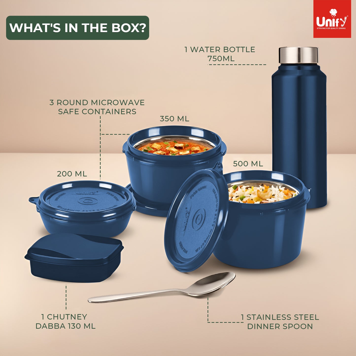 MealMate Lunch Box with 3 Microwave Safe Inner Steel Containers (500ml, 350ml, 200ml), 130ml Plastic Chutney Dabba, Water Bottle 750ml & Spoon | Office Tiffin with Insulated Bag, Blue