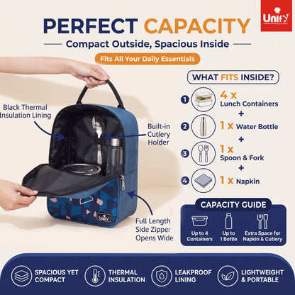 Unify Insulated Lunch Bag Thermal Meal Carrier for Office School Travel Food Storage Cooler Case Men Women Reusable Box Zipper Closure Carry Handles Blue (5 LTR)