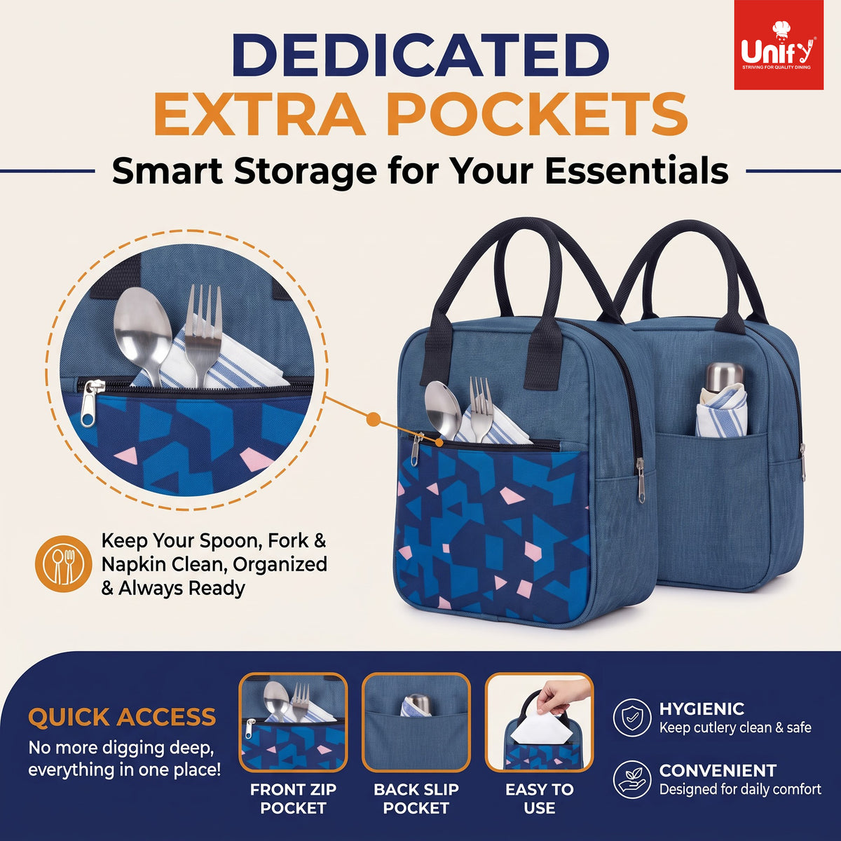 Unify Insulated Lunch Bag Thermal Meal Carrier for Office School Travel Food Storage Cooler Case Men Women Reusable Box Zipper Closure Carry Handles Blue (5 LTR)