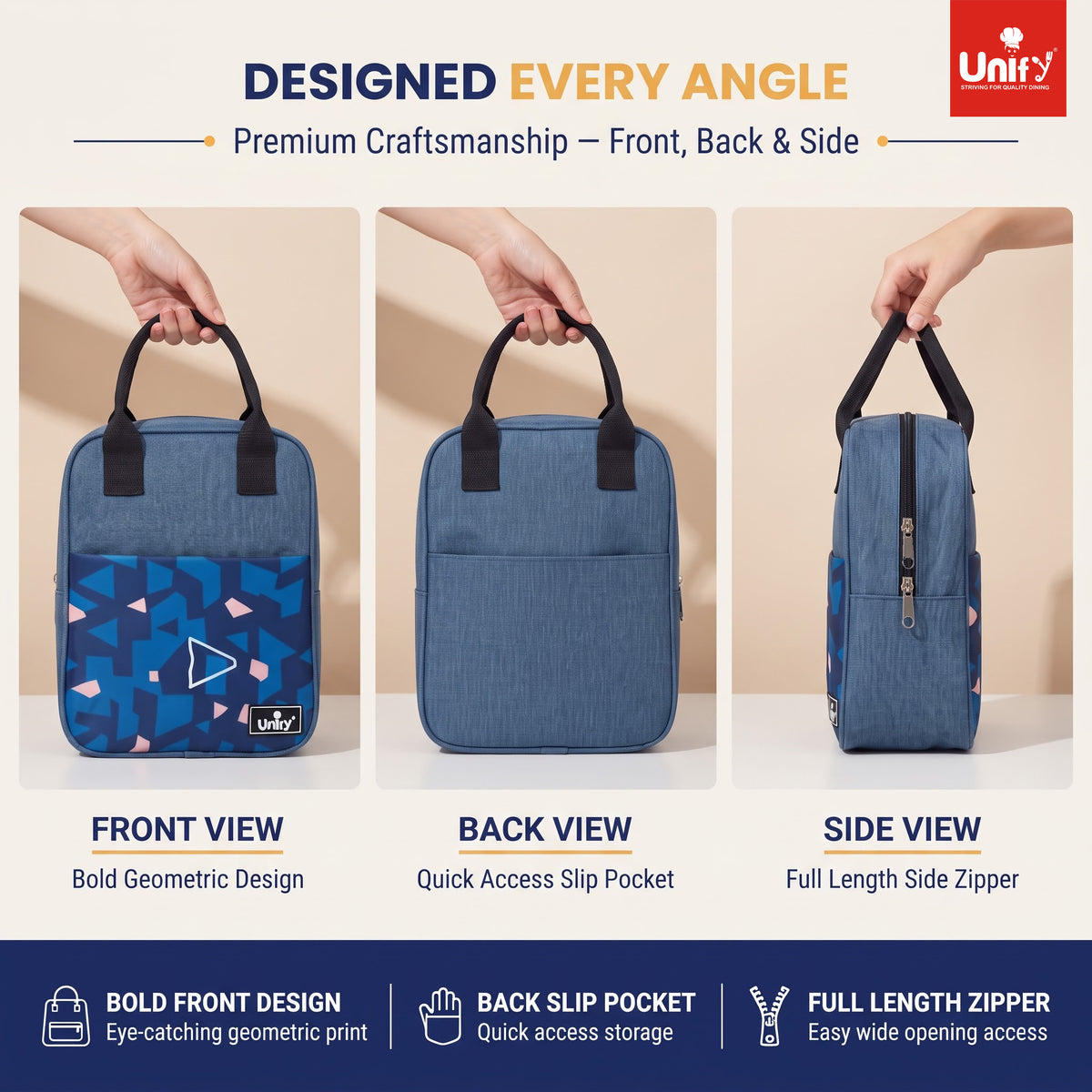 Unify Insulated Lunch Bag Thermal Meal Carrier for Office School Travel Food Storage Cooler Case Men Women Reusable Box Zipper Closure Carry Handles Blue (5 LTR)