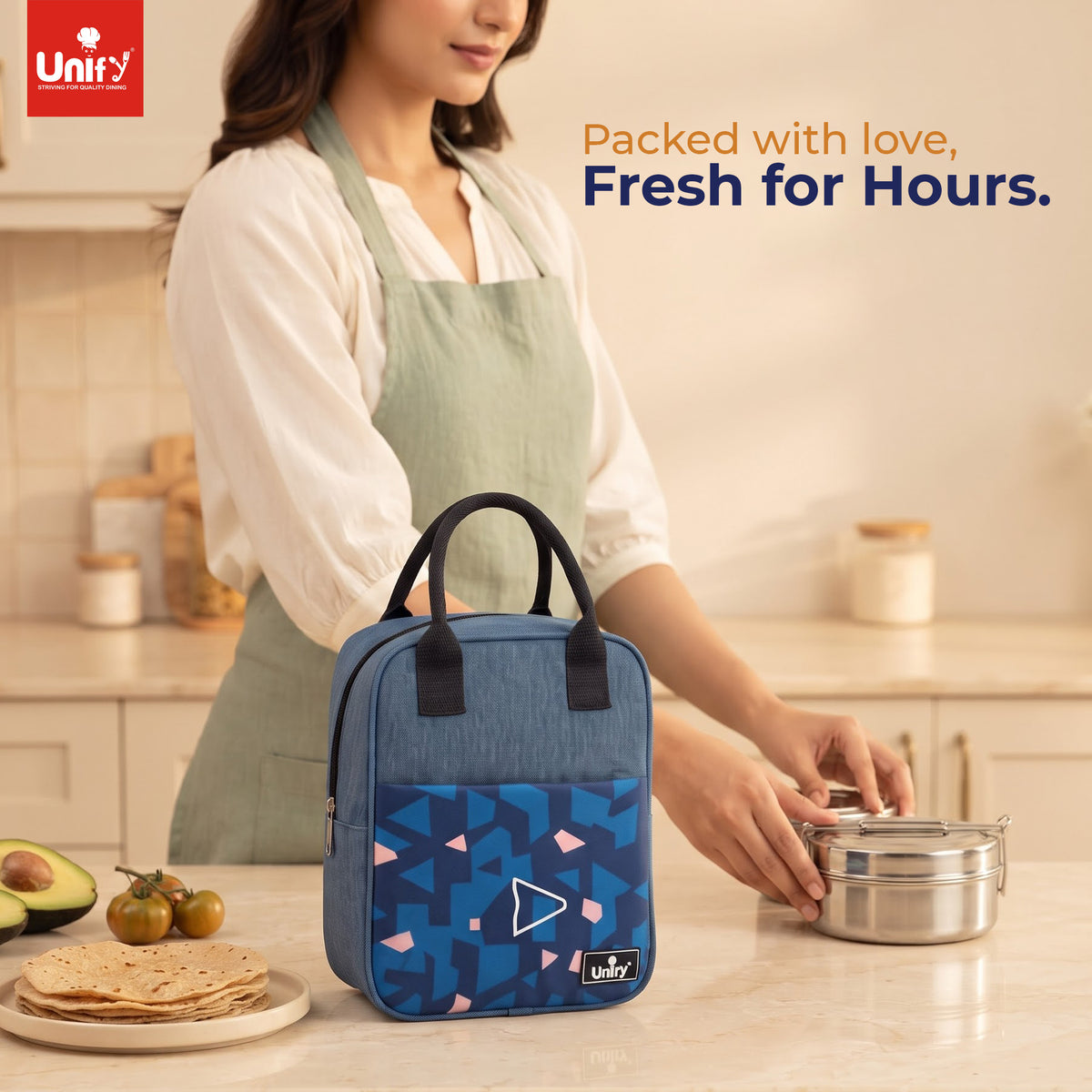 Unify Insulated Lunch Bag Thermal Meal Carrier for Office School Travel Food Storage Cooler Case Men Women Reusable Box Zipper Closure Carry Handles Blue (5 LTR)