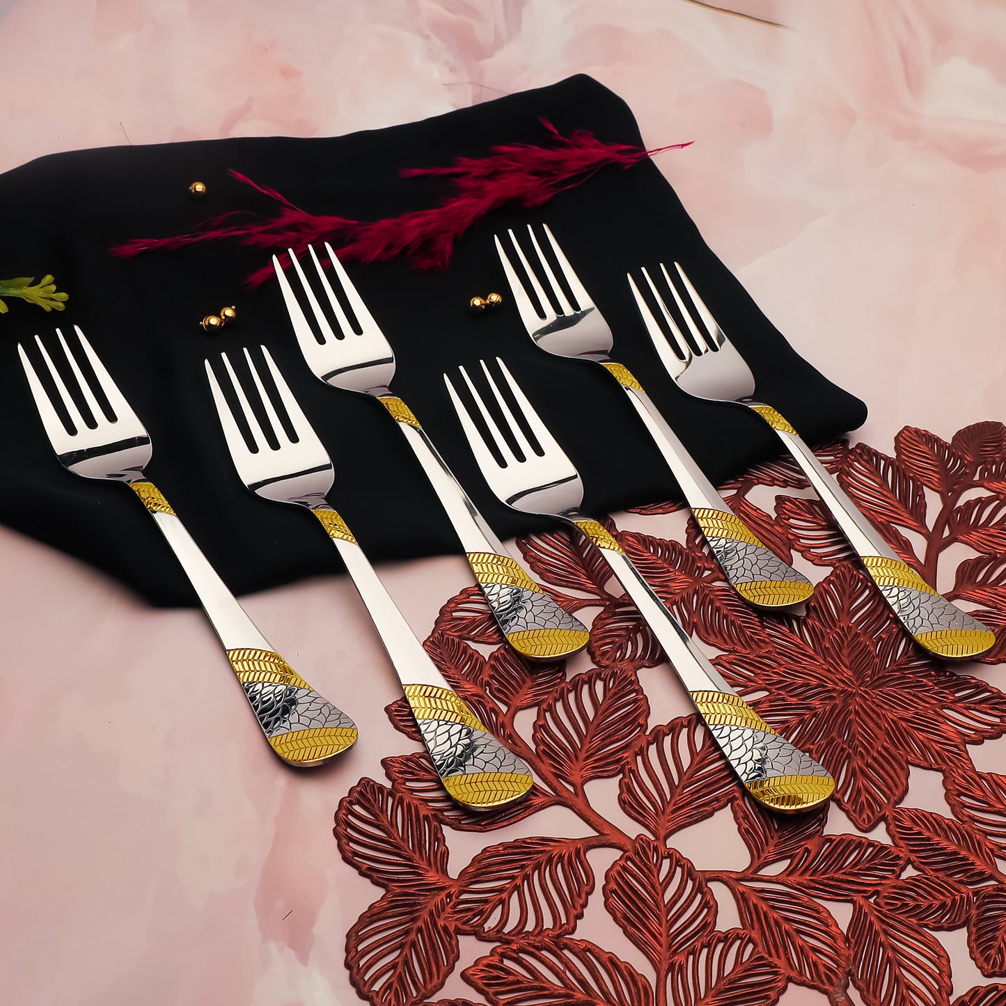 6-Piece Stainless Steel 24K Gold Dinner Forks | 16cm Premium Cutlery, Imperial Design, Luxury Tableware for Home & Kitchen