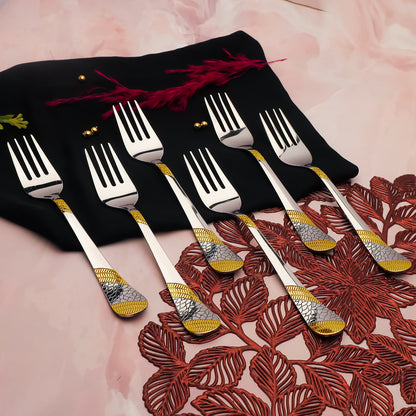 6-Piece Stainless Steel 24K Gold Dinner Forks | 16cm Premium Cutlery, Imperial Design, Luxury Tableware for Home & Kitchen