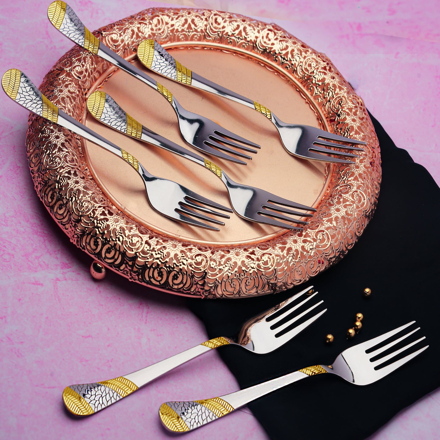 6-Piece Stainless Steel 24K Gold Dinner Forks | 16cm Premium Cutlery, Imperial Design, Luxury Tableware for Home & Kitchen