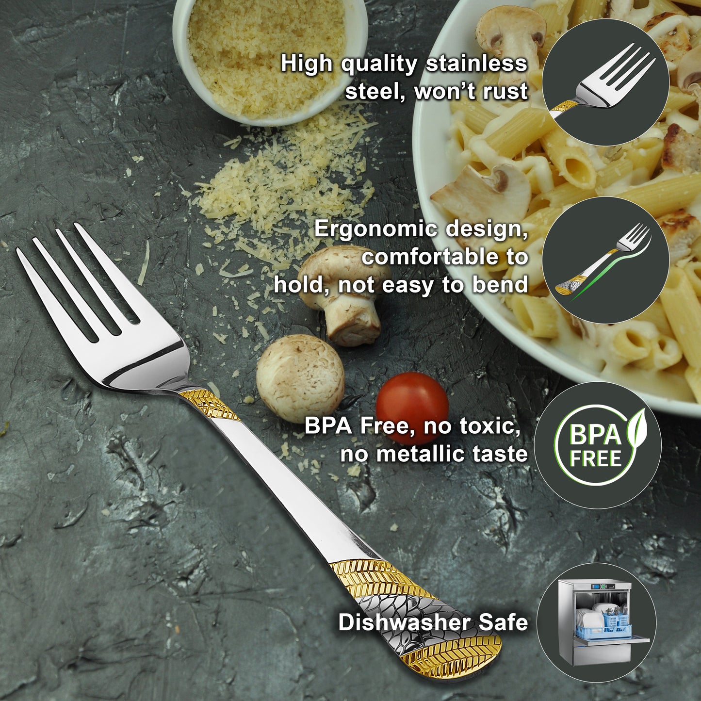 6-Piece Stainless Steel 24K Gold Dinner Forks | 16cm Premium Cutlery, Imperial Design, Luxury Tableware for Home & Kitchen