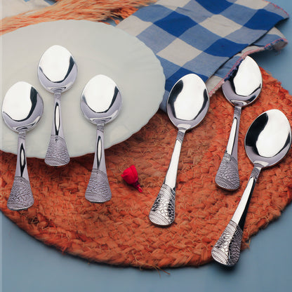 6-Piece Stainless Steel Dinner Spoon Set | 16cm Premium Spoons, Luxury Tableware & Housewarming Gift (Silver, Imperial Design)