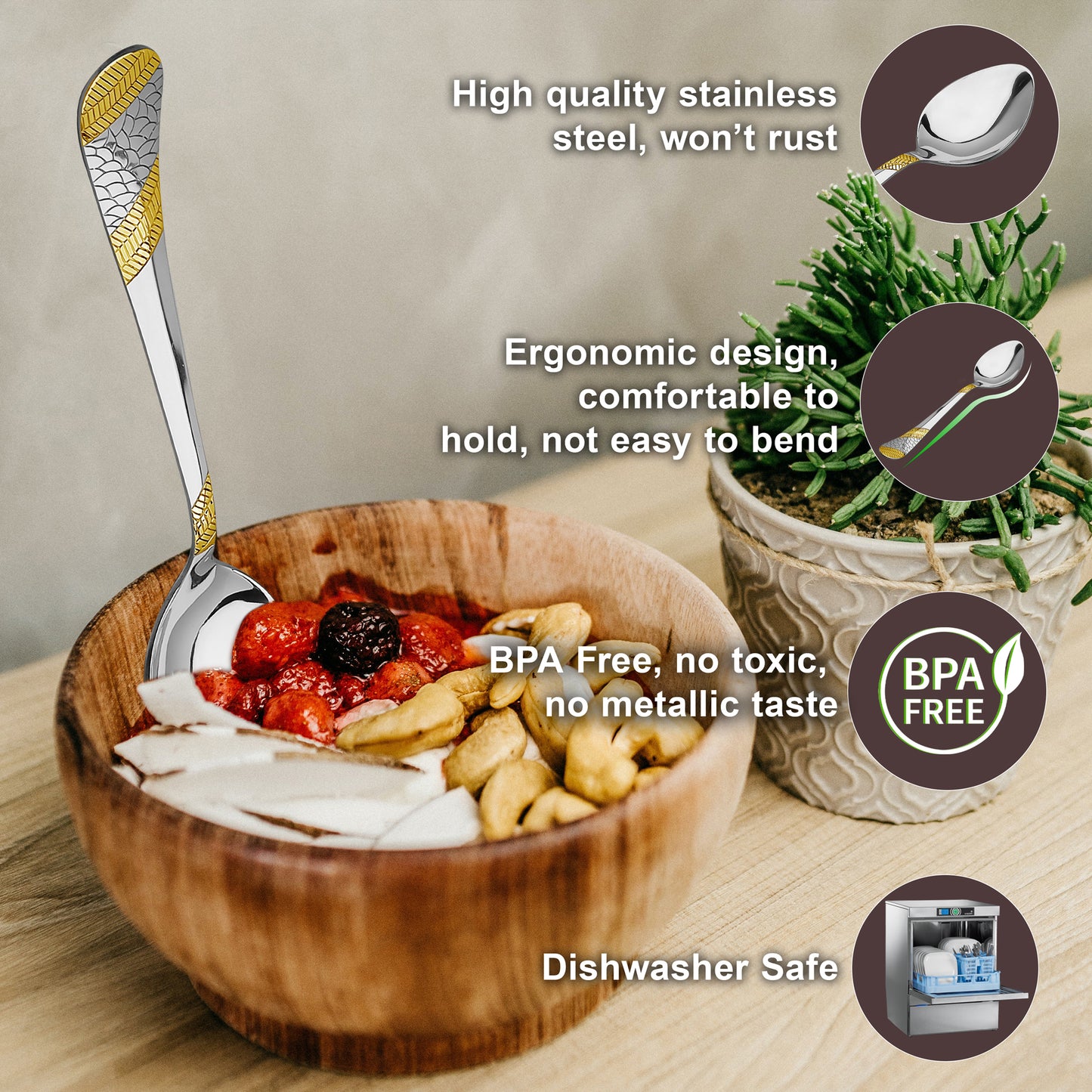 6-Piece Stainless Steel 24K Gold Spoon Set | 16cm Premium Spoons, Luxury Tableware & Housewarming Gift, Imperial Design