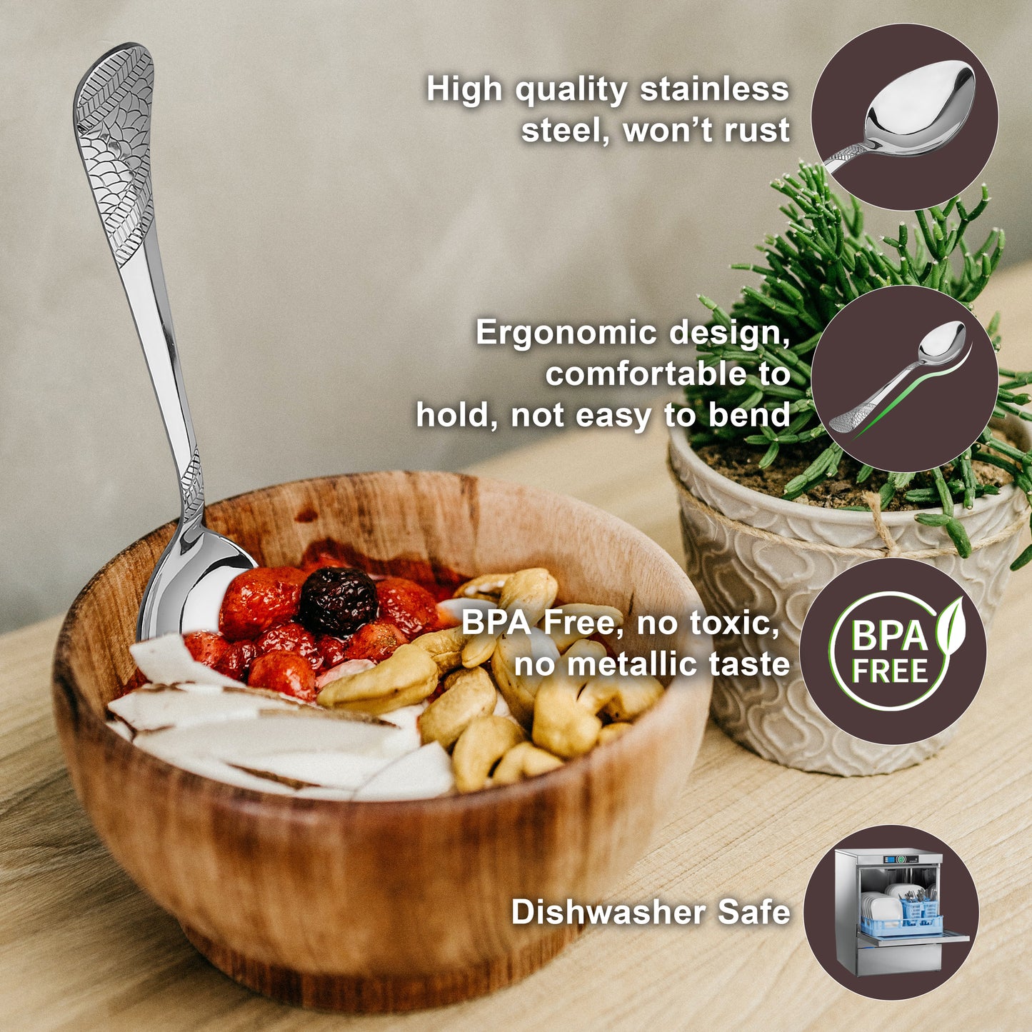 6-Piece Stainless Steel Dinner Spoon Set | 16cm Premium Spoons, Luxury Tableware & Housewarming Gift (Silver, Imperial Design)