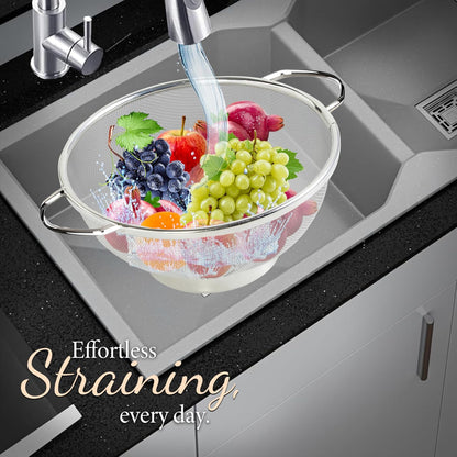 Stainless Steel Multipurpose Colander Basket for Washing Rice, Fruits, Vegetables, Grains, Strainer Drainer Bowl with Handle, Kitchen Gadgets, Diameter 28 cm (Size-11, Silver)