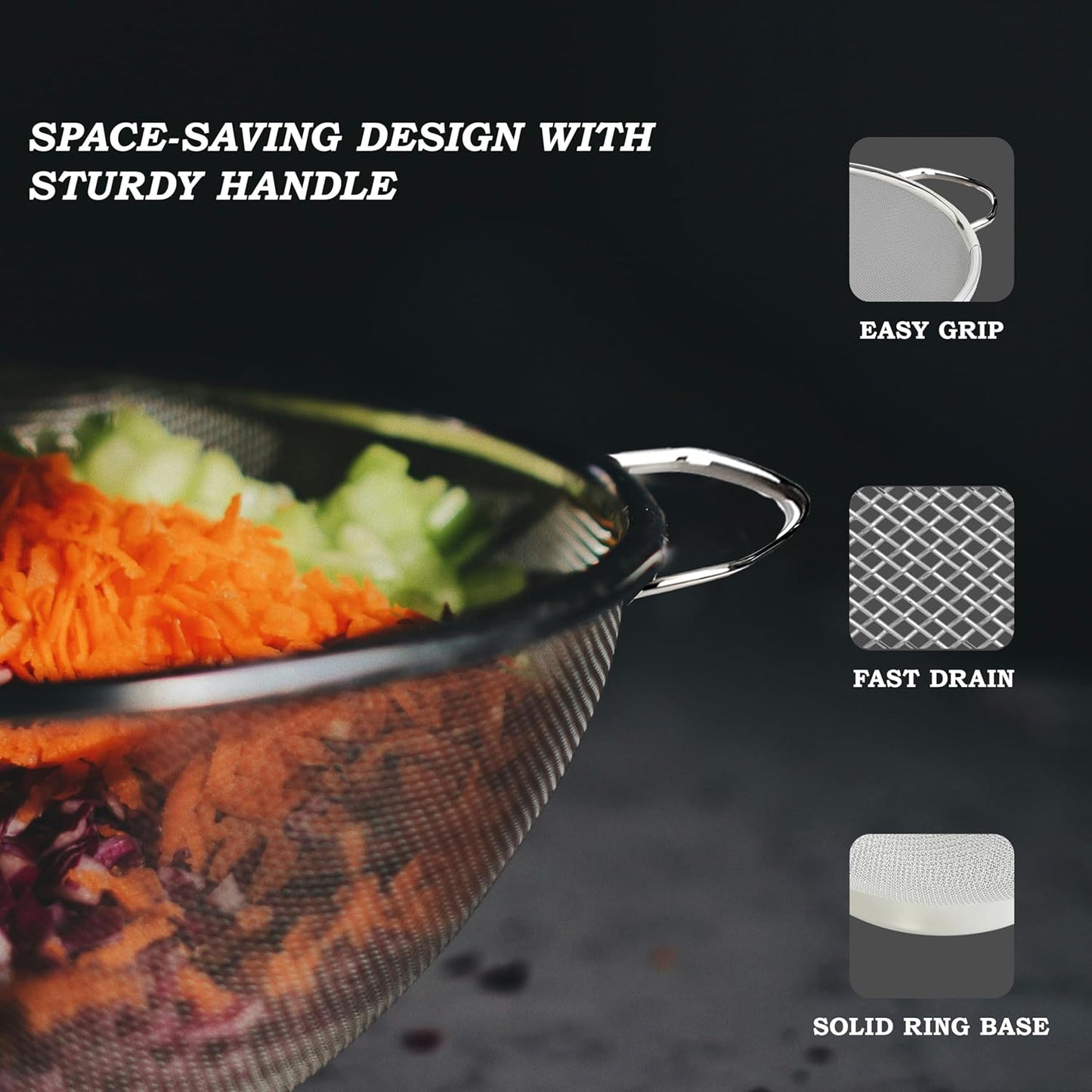 Stainless Steel Multipurpose Colander Basket for Washing Rice, Fruits, Vegetables, Grains, Strainer Drainer Bowl with Handle, Kitchen Gadgets, Diameter 28 cm (Size-11, Silver)
