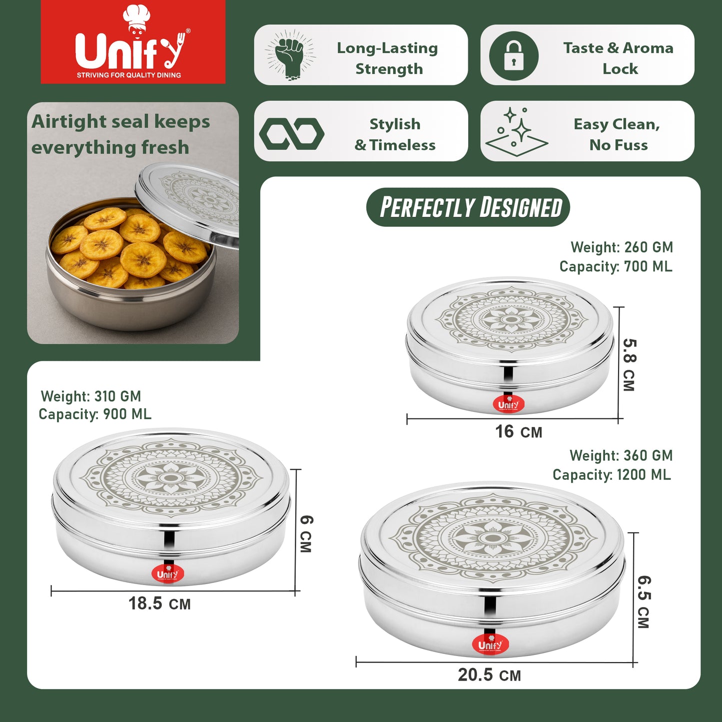 3-Piece Stainless Steel Chocolate & Storage Box | 700ML, 900ML & 1200ML Airtight Canisters - Ideal for Dry Fruits, Snacks, Masala, Sweets, Gift Box