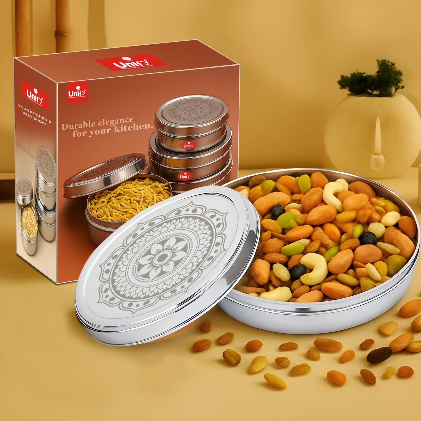 3-Piece Stainless Steel Chocolate & Storage Box | 700ML, 900ML & 1200ML Airtight Canisters - Ideal for Dry Fruits, Snacks, Masala, Sweets, Gift Box
