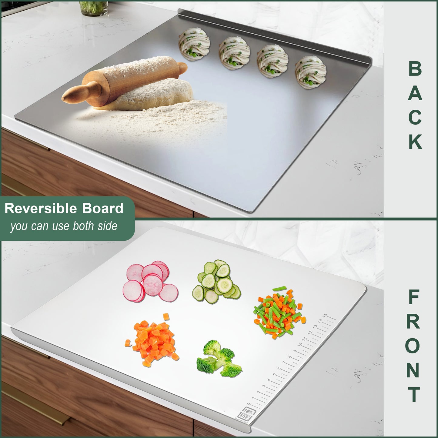 Stainless Steel Countertop Chopping Board - L-Shape, Medium 35.5x31 cm, Heavy Duty