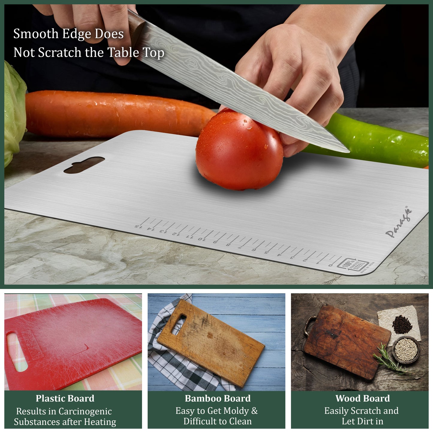 Premium Stainless Steel Chopping Board - Large 35.5x25 cm, Heavy Duty & Rust-Free
