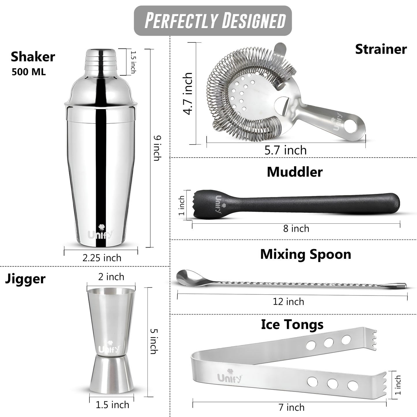 6pc Stainless Steel Bartender Kit | Cocktail Shaker Set